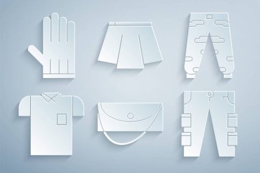 Debriyaj çantası, kamuflaj kargo pantolonu, polo gömlek, kargo, etek ve deri eldiven ikonu. Vektör