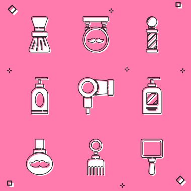 Tıraş fırçası, berber dükkanı, klasik direk, krem veya losyon tüpü, saç kurutma makinesi, şampuan şişesi, sakal ve bıyık bakım yağı şişesi ve saç fırçası ikonu. Vektör