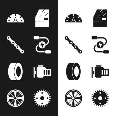 Araç akü şarj kablosu, zincir, hız göstergesi, kapı, lastik, kontrol motoru, dişli ve tekerlek simgesini ayarla. Vektör