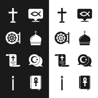 Kilise kulesi, Dharma çarkı, Hıristiyan haçı, balık, ferman, kağıt, parşömen, kaydırma, yıldız ve hilal, Haç ankh kitabı ve yanan mum ikonu. Vektör