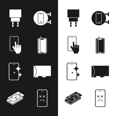 Cam ekran koruyucuyu, telefon tamir servisini, şarj cihazını, mikro SD hafıza kartını, bozuk cep telefonunu ve cep telefonunu ayarla. Vektör