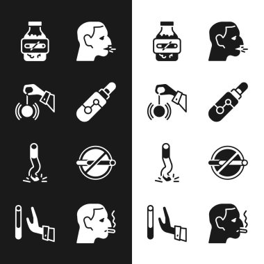 Set Electronic cigarette, Hypnosis, Nicotine gum in blister pack, Man coughing, Cigarette butt, No smoking,  and Giving up icon. Vector