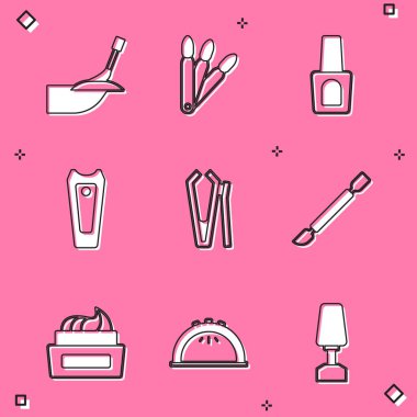 Manikür seti, sahte tırnaklar, bir şişe cilası, tırnak makası, tırnak törpüsü ve lamba ikonu. Vektör