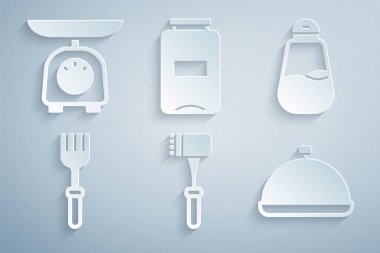 Mutfak çekici, tuz, çatal tepsi tepsi, reçel kavanozu ve ölçek ikonu ile kaplanmış. Vektör