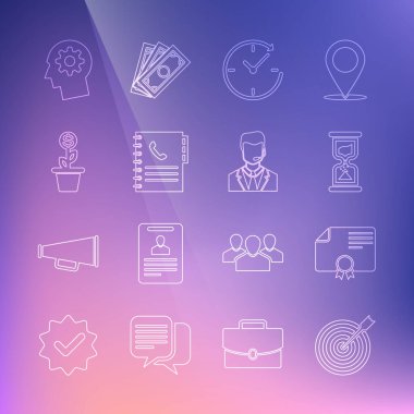 Satırı ok, sertifika şablonu, eski kum saati, telefon rehberi, kazanda dolar bitkisi, insan başlığı ve kulaklık simgesi ile ayarla. Vektör