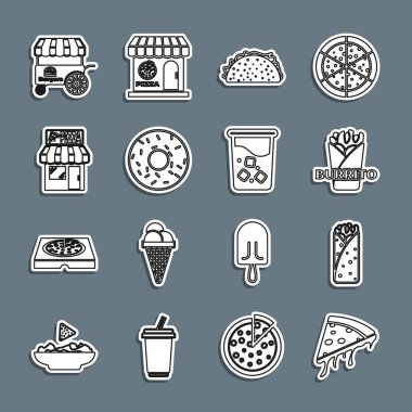 Pizza dilimi, burrito, tortilla, donut, Pizzeria bina cephesi, Fast street food seti ve cam su ikonu. Vektör