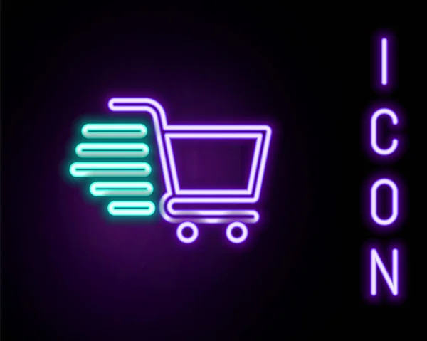 Parlayan Neon Hattı Alışveriş Arabası Simgesi Siyah Arka Planda Izole — Stok Vektör