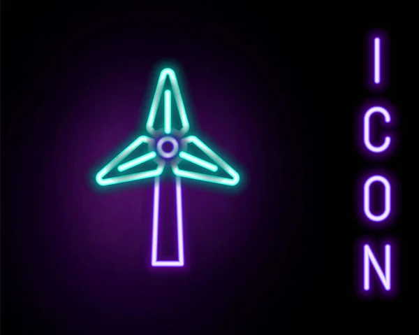 发光的霓虹灯线风力涡轮机图标隔离在黑色背景 风力发电机的标志 用于发电的风车 五彩缤纷的概念 — 图库矢量图片