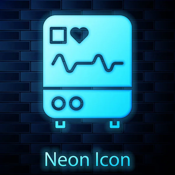 Leuchtender Neonfarbener Computermonitor Mit Kardiogramm Symbol Isoliert Auf Ziegelwand Hintergrund — Stockvektor