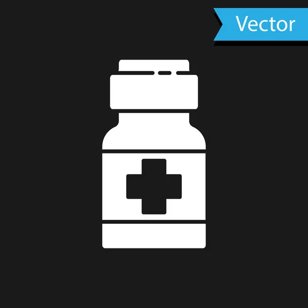 Weiße Medizin Flasche Und Pillen Symbol Isoliert Auf Schwarzem Hintergrund — Stockvektor