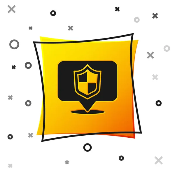 黑色位置屏蔽图标隔离在白色背景上 保险概念 守卫标志 隐私概念 黄色方块按钮 — 图库矢量图片