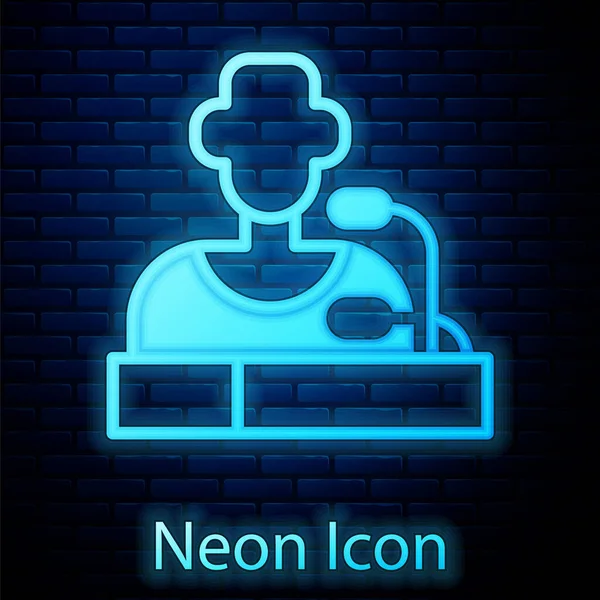 Glowing Neon Football Player Press Conference Icon Isolated Brick Wall — Stock Vector