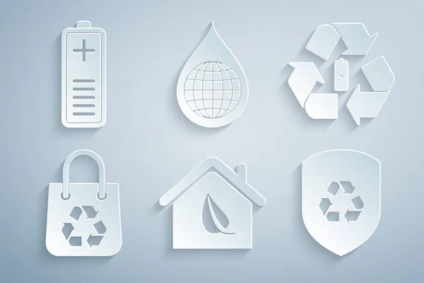 Definir Casa Eco Friendly Bateria Com Reciclagem Saco Compras Reciclar — Vetor de Stock