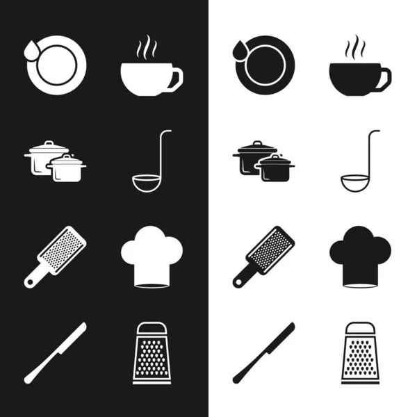 Set Keukenlepel Kookpot Afwas Koffiebeker Rasp Koksmutje Messenpictogram Vector — Stockvector