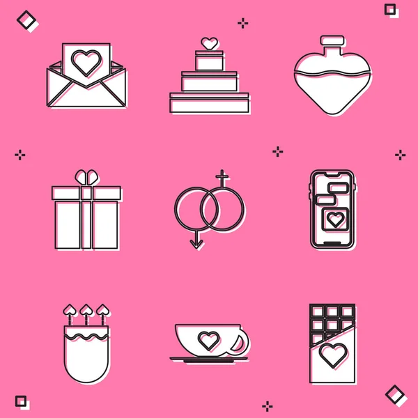 バレンタインハート ウェディングケーキ ボトルの愛のポーション ギフトボックス ジェンダー モバイル クワイバー矢印とコーヒーカップのアイコンでエンベロープを設定します ベクトル — ストックベクタ
