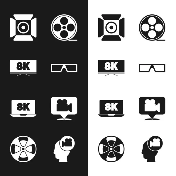 Set Gafas Cine Pantalla Con Proyector Película Carrete Película Ordenador — Archivo Imágenes Vectoriales