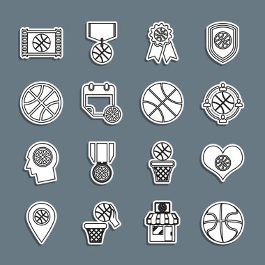 Set çizgisi basketbol, basketbollu kalp, planlama stratejisi, ödül, spor takvimi, video oyunu ve ikon. Vektör