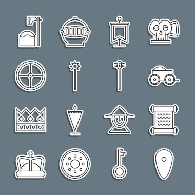 Kalkan, KHK, parşömen, parşömen, parşömen, tahta dört tekerlekli araba, Ortaçağ bayrağı, zincirli gürz topu, yuvarlak ahşap kalkan, cellat baltası bloğu ve simgesi. Vektör