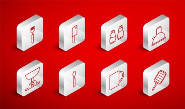 Hattı kurun, kızartma tavası, et helikopteri, tuz ve biber, saplı kettle, kahve fincanı, çatal, kaşık ve elektronik ölçek ikonu. Vektör