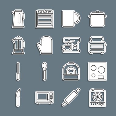 Elektrik ocağı, tost makinesi, kahve fincanı, fırın eldiveni, Fransız presi, su ısıtıcısı ve karıştırıcı ikonu. Vektör
