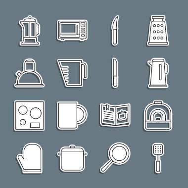 Spatula, fırın, saplı çaydanlık, bıçak, ölçü kabı, Fransız presi ve ikonu ayarlayın. Vektör
