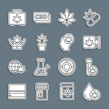Marihuana veya kenevir zeytinyağı, marihuana ile kimyasal test tüpü, ve mağaza, yaprak, bitki, alışveriş kutusu ve baş simge. Vektör