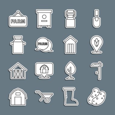 Patates, Tırpan, konum mısırı, süt için konteynır, Farm ile konuşma balonu, imzalı yazı ve açık hava tuvalet ikonu. Vektör