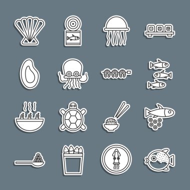 Sıralı kirpi balığı, havyarlı balık, denizanası, ahtapot, midye, deniz kabuğu ve ızgara biftek ikonu. Vektör