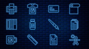 Kağıt rulo baskı makinesi, Dosya belgesi, kartvizit, yazıcı mürekkebi şişesi, Broşür, Boya fırçası ve tişört ikonu. Vektör