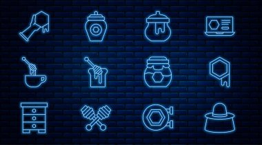 Hattı koruma şapkası, bal peteği, kavanoz bal, dipper çubuğu, ve el ve ikon ile ayarla. Vektör