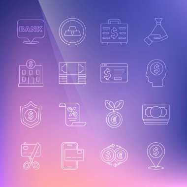 Nakit para, kağıt para yığını, iş adamı planlama, evrak çantası ve banka binası ve dolar ikonlu online bankacılık. Vektör