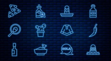 Meksika sombrerosu, acı biber, kaktüs ya da sulu ot, Gong, Nachos, Poncho ve limon ikonlu tekila şişesi. Vektör