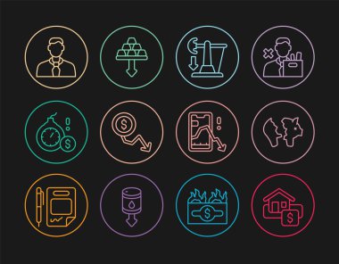 Sale, Broken Piggy Bank, Drop ham petrol fiyatı, dolar fiyatı düşüşü, para bombası krizi, İşçi, Mobil Borsa ve Altın külçeleri ikonu ile sınırlandırma tabelası. Vektör