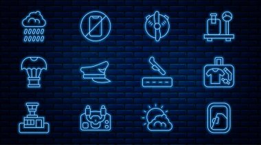 Uçak penceresi, bavul, uçak pervanesi, pilot şapkası, paraşütle uçan kutu yağmur, iniş ve cep telefonu ikonu olmayan bulut. Vektör