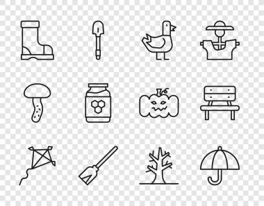 Çizgi Kite, Şemsiye, Güvercin, süpürge, su geçirmez lastik bot, kavanoz balı, çıplak ağaç ve Bench ikonu. Vektör