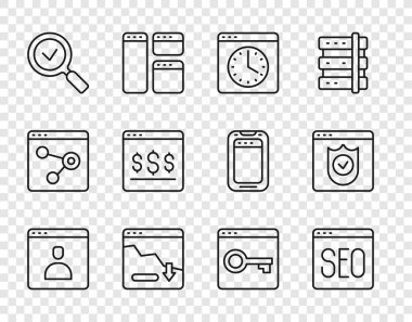 Satır Oluştur hesap ekranı, SEO optimizasyonu, Tarayıcı penceresi, Finansal büyüme azalması, işaretli büyüteç, çevrimiçi alışveriş, sitenizi HTTPS, SSL ve kalkan simgesini emniyete alın. Vektör