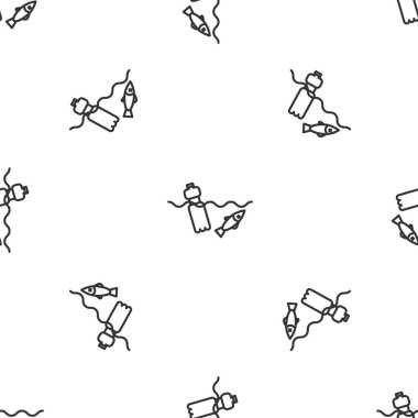 Gri çizgi, okyanus ikonunun kirliliği sorunu beyaz arka planda izole edilmiş, pürüzsüz bir desen. Çöpler, plastikler, denizdeki poşetler. Vektör İllüstrasyonu.