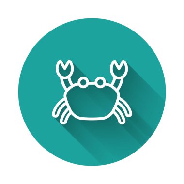 Beyaz çizgi Yengeç simgesi uzun gölgeli izole edilmiş. Yeşil daire düğmesi. Vektör..