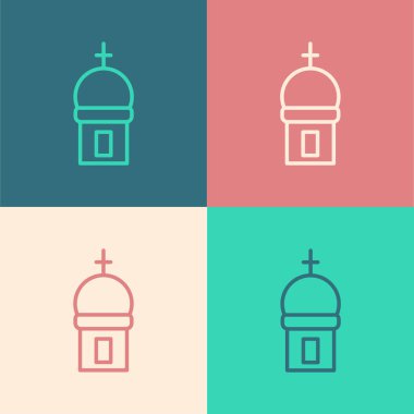 Popüler sanat çizgisi Hıristiyan kilise kulesi ikonu renk arkaplanda izole edilmiş. Kilisenin dini. Vektör.