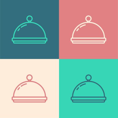 Popüler sanat çizgisi, arka planda izole edilmiş bir tepsi yemek ikonu ile kaplıdır. Tepsi ve kapak işareti. Kapaklı bir restoran saati. Mutfak eşyaları sembolü. Vektör