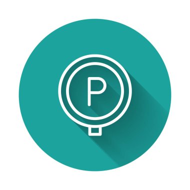 Beyaz çizgi park simgesi uzun gölge arkaplanı ile izole edildi. Sokak tabelası. Yeşil daire düğmesi. Vektör