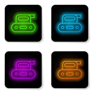 Parlayan neon hattı elektrik planlayıcı araç simgesi beyaz arkaplanda izole edildi. Siyah kare düğme. Vektör