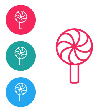 Kırmızı çizgi lolipop simgesi beyaz arkaplanda izole edildi. Şeker işareti. Yemek, lezzetli bir sembol. Simgeleri daire düğmelerine ayır. Vektör