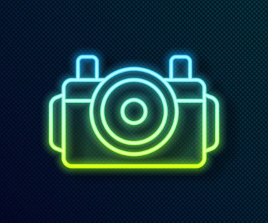 Dalgıç simgesi için parlayan neon hattı fotoğraf makinesi siyah arkaplanda izole edildi. Fotoğraf makinesi simgesi. Su altı ekipmanları. Vektör