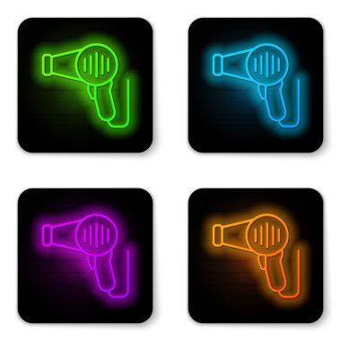 Parlayan neon hattı saç kurutma ikonu beyaz arkaplanda izole edildi. Saç kurutma makinesi tabelası. Saç kurutma sembolü. Sıcak hava üflüyor. Siyah kare düğme. Vektör