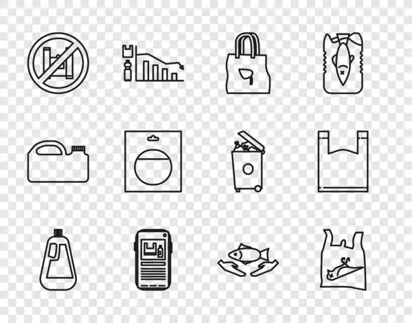 设置洗碗液 回收购物袋 停止污染 禁止贴布袋 电池包 鱼护理和塑料图标 — 图库矢量图片