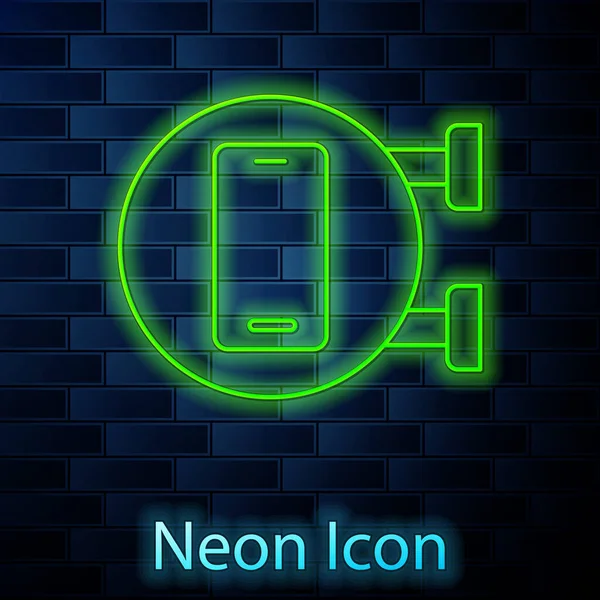 Žhnoucí Neonová Linka Telefon Opravy Ikona Izolované Pozadí Cihlové Zdi — Stockový vektor
