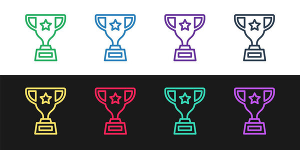 Set line Award cup icon isolated on black and white background. Winner trophy symbol. Championship or competition trophy. Sports achievement sign.  Vector