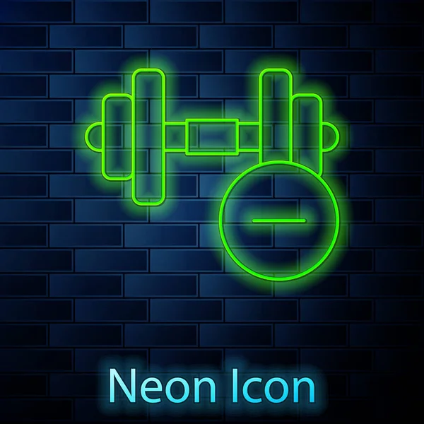 Leuchtende Neon Linie Hantel Symbol Isoliert Auf Backsteinwand Hintergrund Muskelheben — Stockvektor
