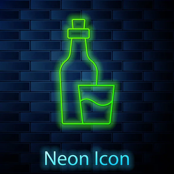 Gloeiende Neon Lijn Soju Fles Pictogram Geïsoleerd Baksteen Muur Achtergrond — Stockvector